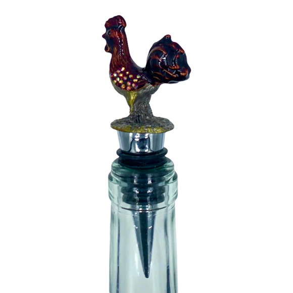 Bejeweled Rooster Wine Bottle Stopper, Enameled Pewter Rhinestones - Picture 3 of 7